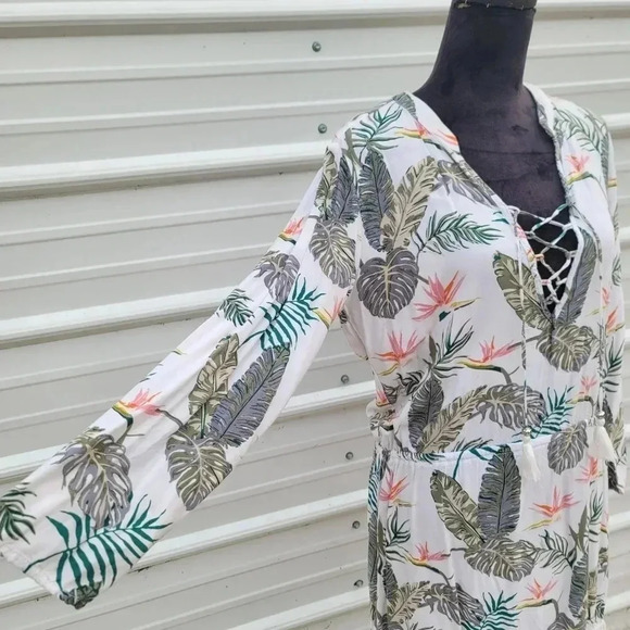Blue Island Floral Leaf Bird of Paradise Peasant Dress Swim Coverup Womens Small - Picture 5 of 10